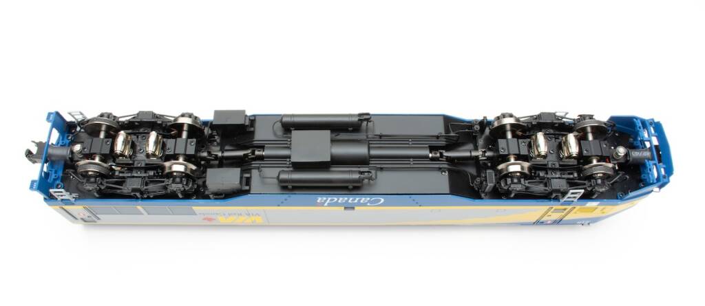 underside of model locomotive