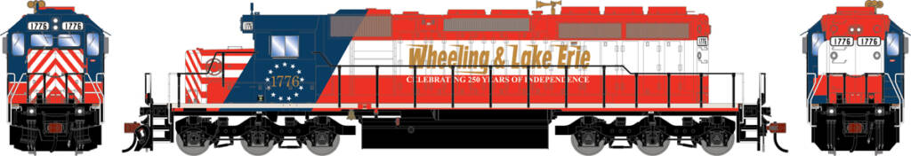 Color illustrations showing nose, fireman’s side, and rear of six-axle EMD hood unit painted red, white, and blue with white and gold graphics on white background