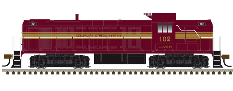Color illustration of HO scale Alco road switcher painted maroon and gold with black trucks and fuel tank. 