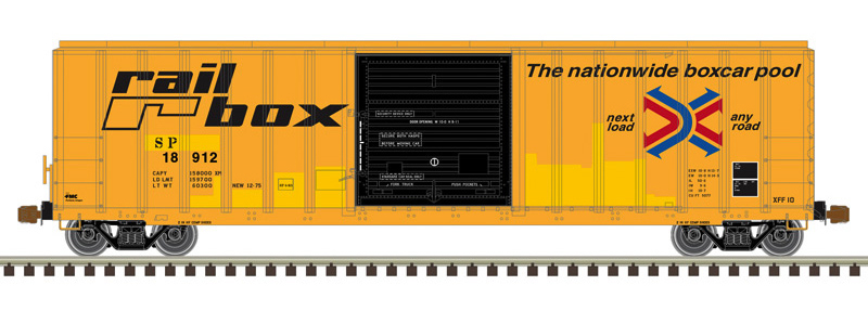 Color illustration of N scale boxcar with exterior posts painted yellow and black with red, blue, and black graphics on white background. 