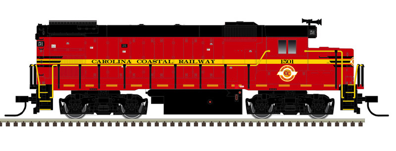 Color illustration of N scale EMD hood unit painted red, yellow, and black on white background.