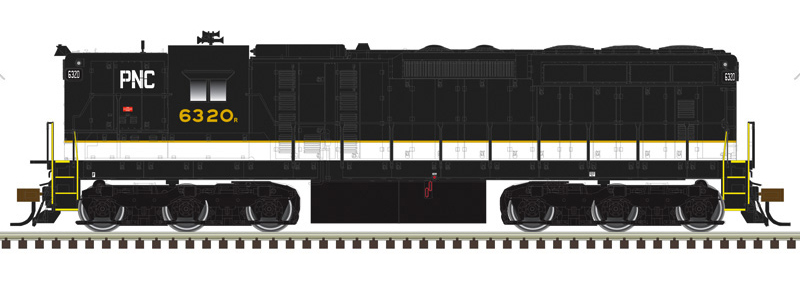 Color illustration of N scale diesel locomotive with high short hood painted black with white and gold stripes, gold numbers on cab, and white lettering on white background.