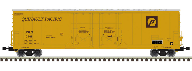 Color illustration of N scale double-plug-door boxcar painted yellow with silver roof and brown graphics on white background.