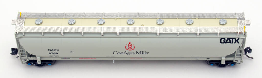 Color photo showing roof details on N scale covered hopper painted gray with black, red, and yellow graphics on white background.