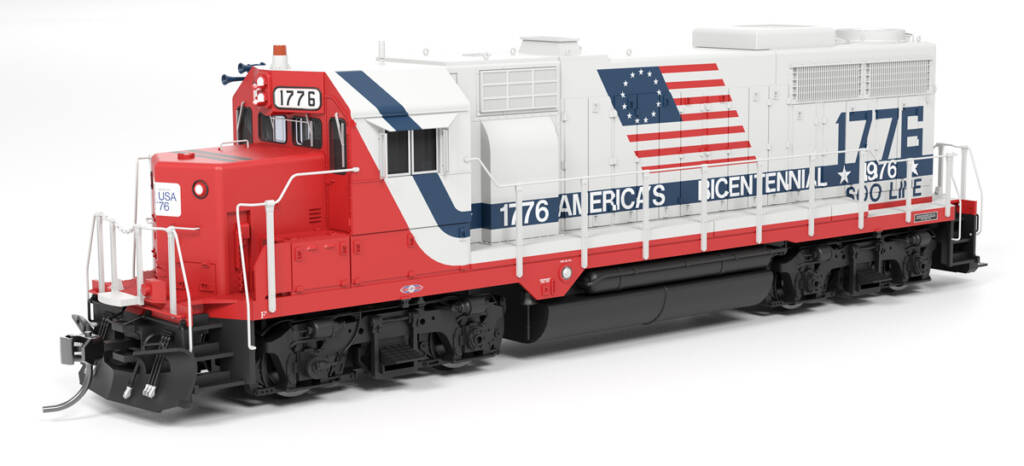 Color illustration of HO scale EMD hood unit painted red, white, and blue with black trucks and fuel tank and red, white, and blue graphics on white background.