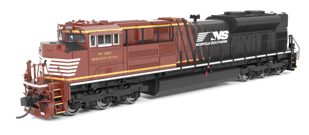 Color illustration of modern N scale diesel painted Tuscan Red and black with white and gold graphics on white background.