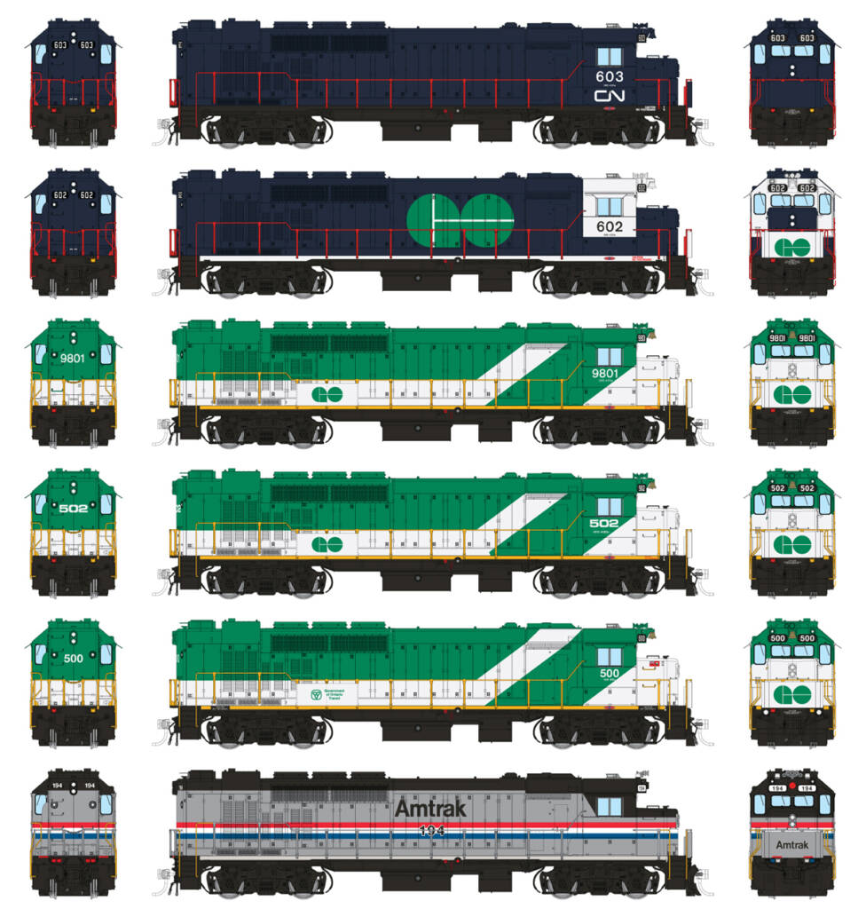Color illustrations showing rear of long hood, side, and nose of five HO scale commuter locomotives in various paint schemes on white background.
