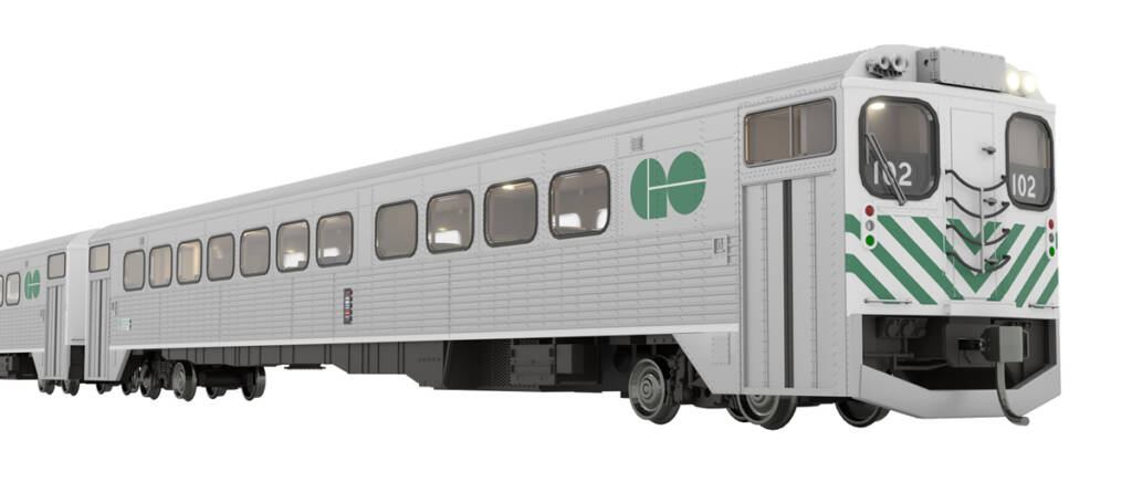 CAD rendering of single-level fluted-side commuter cars with green and white graphics on white background.