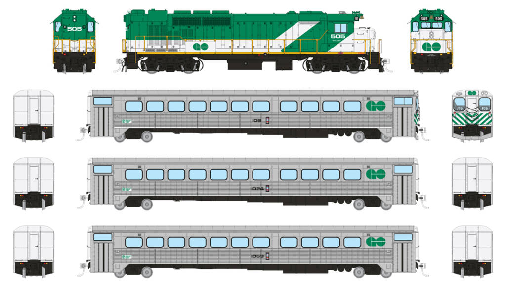 Color illustration showing multiple views of GMDD hood unit painted green, white, and yellow and single-level, fluted-side commuter cars white green and white graphics on white background.
