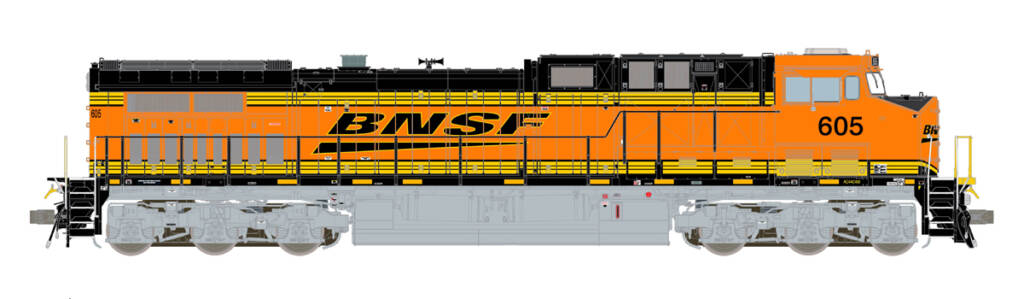 Color illustration of modern diesel locomotive painted orange and black with yellow graphics and silver fuel tank and trucks on white background. 