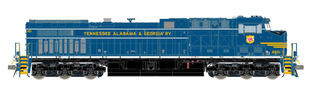 Color illustration of HO scale modern diesel locomotive painted blue and black with yellow and white graphics on white background. 