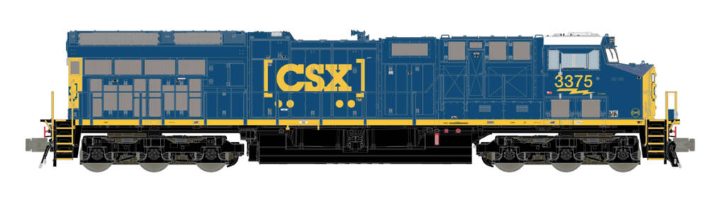 Color illustration of modern N scale diesel locomotive painted dark blue, yellow, white, and black with yellow graphics on white background.