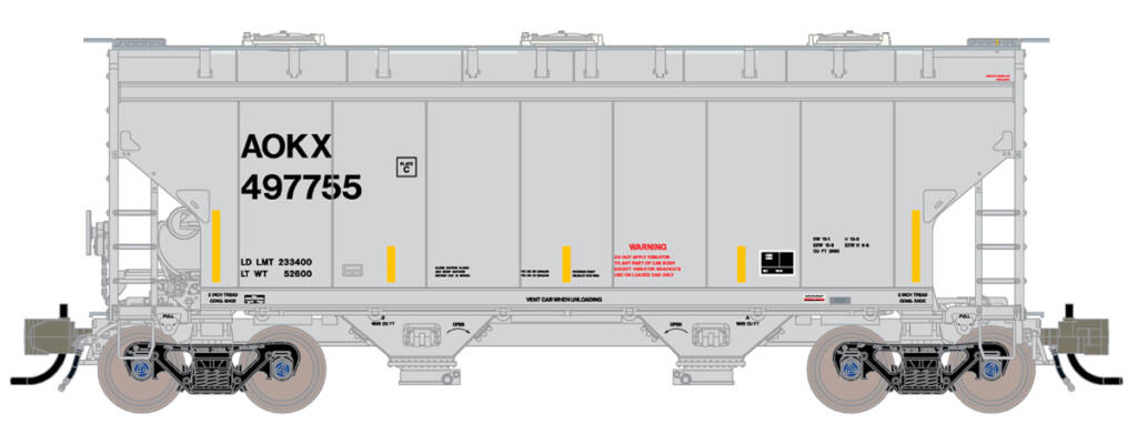 Color illustration of modern two-bay covered hopper painted gray with black, yellow, and red graphics on white background.