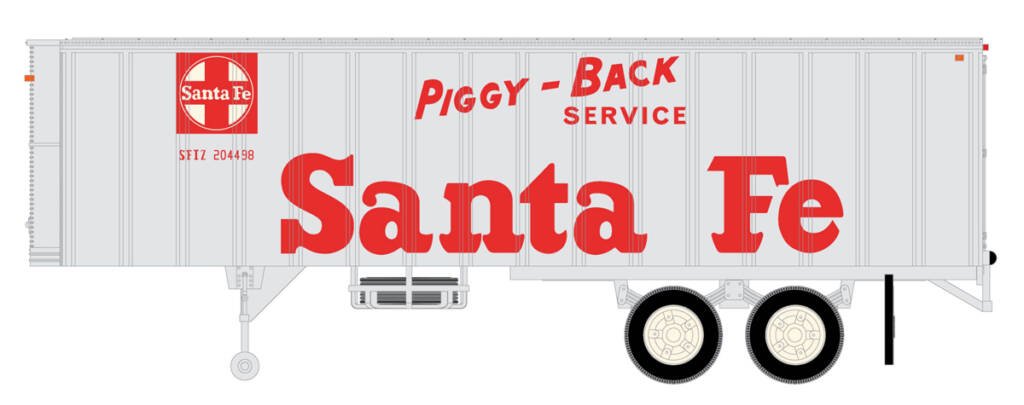 Color illustration of S scale trailer painted aluminum with red and white graphics, tries, landing gear, and mudflaps on white background.