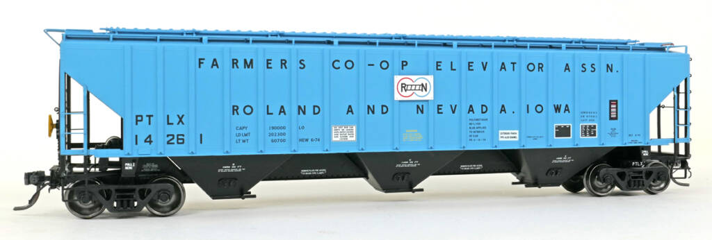 Color photo of HO scale three-bay covered hopper with exterior posts painted blue and black with black, white, and yellow graphics on white background.