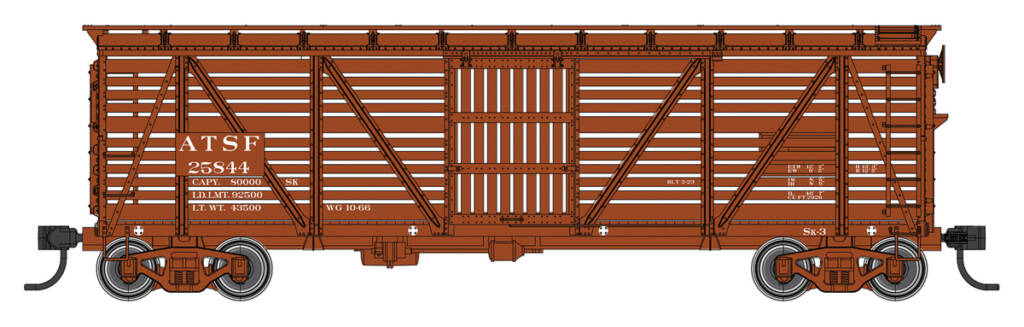 Color illustration of HO scale 40-foot wood stockcar painted brown with white graphics on white background.