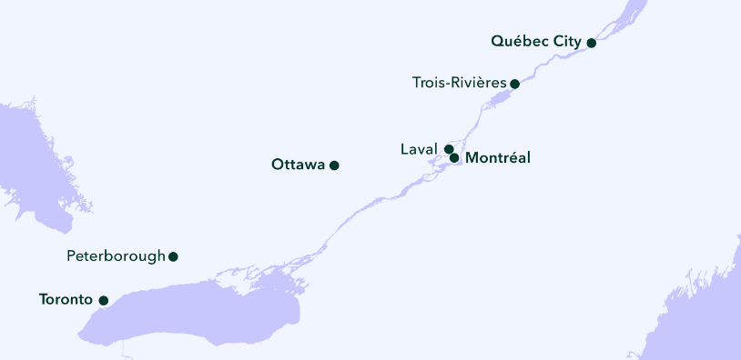 Map showing cities to be served by Canadian high speed rail