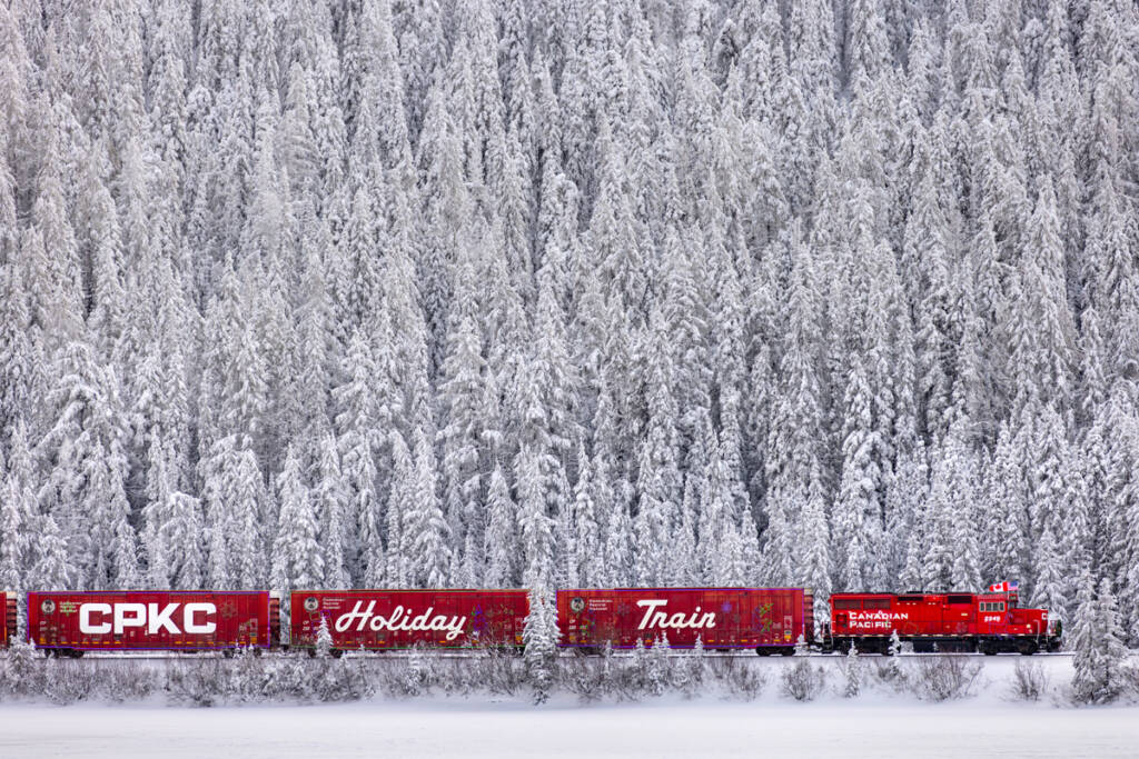 Red train with snow-covered trees as backdrop