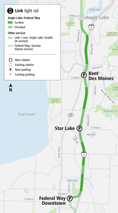 Map of three-station, north-south addition to Seattle-area light rail system