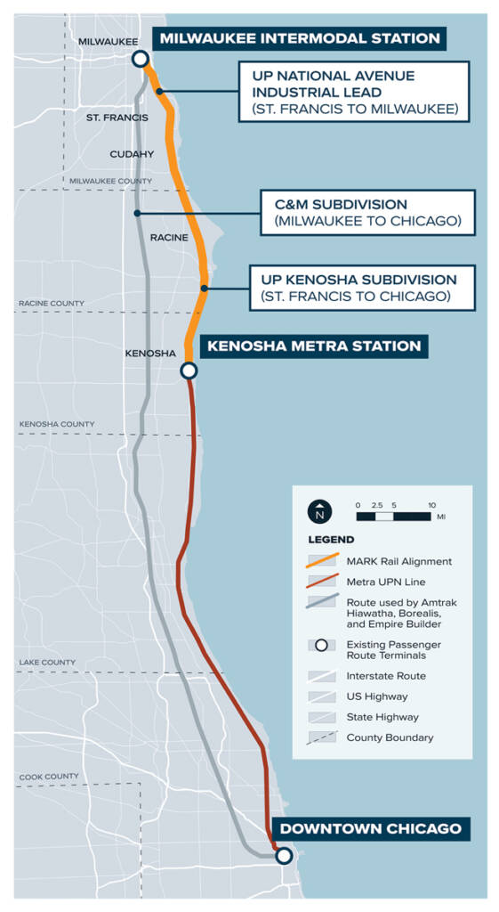Map of rail route between Milwaukee, Kenosha, and Chicago