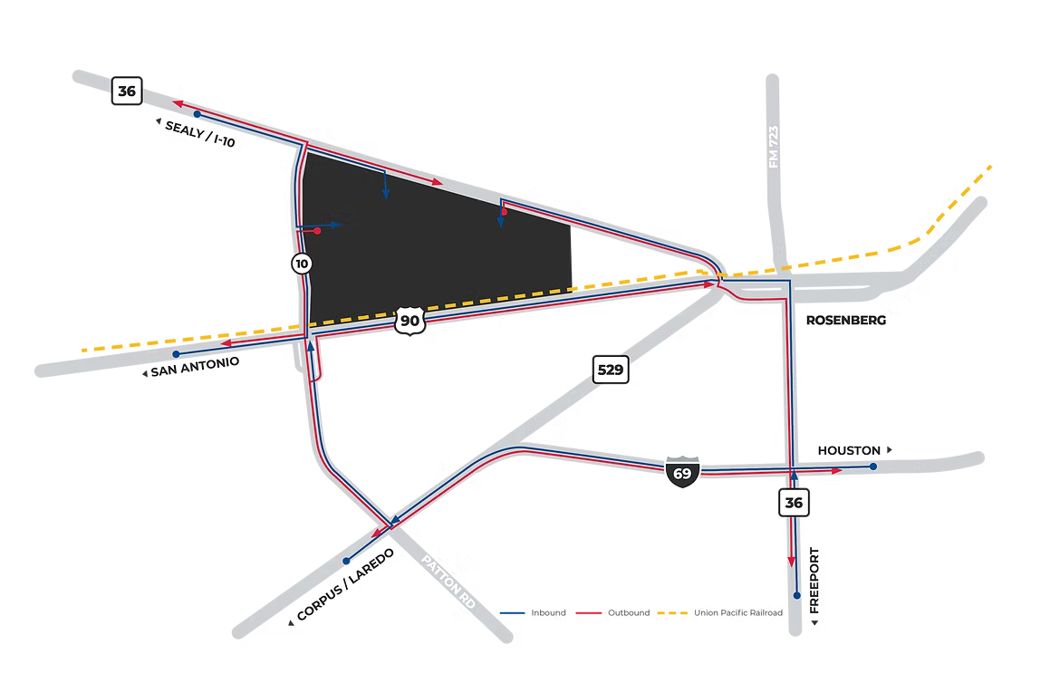 Map of roads and a Union Pacific rail line to a new industrial park 40 miles from Houston