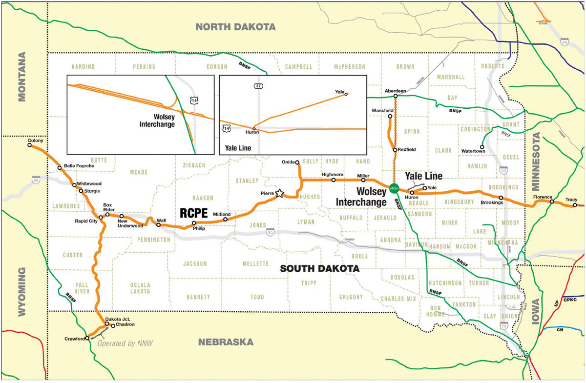 Map of South Dakota showing Rapid City, Pierre & Eastern Railroad and other rail lines