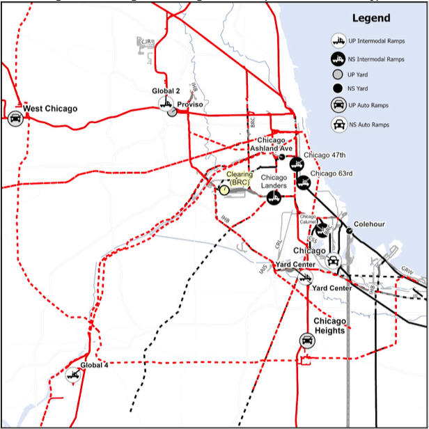 Map showing Union Pacific and Norfolk Southern yards, intermodal terminals, and automotive facilities in the Chicago area