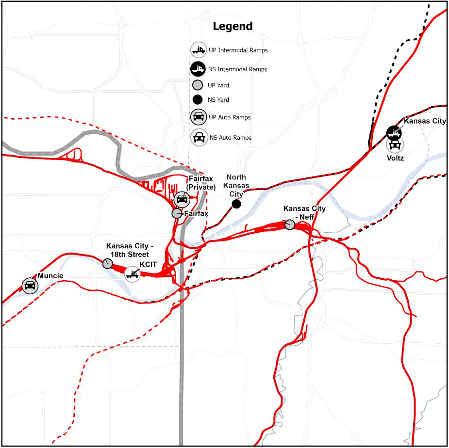 Map of Union Pacific and Norfolk Southern facilities in the Kansas City area