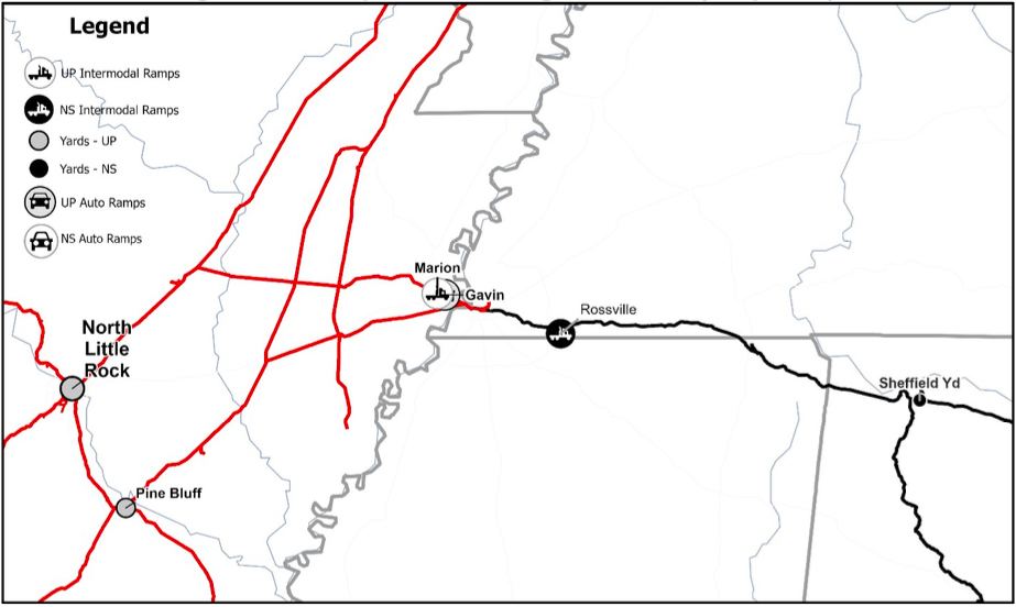Union Pacific and Norfolk Southern yards and other facilities in the Memphis, Tenn., area
