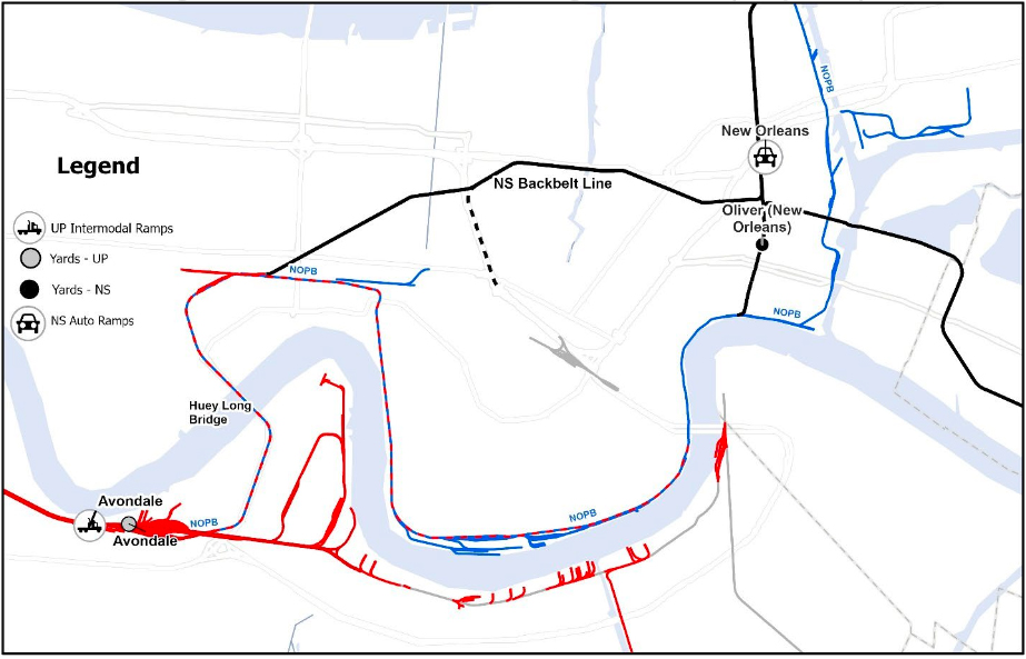Map of Union Pacific and Norfolk Southern yards, intermodal terminals, and autmotive facilities in the New Orleans area