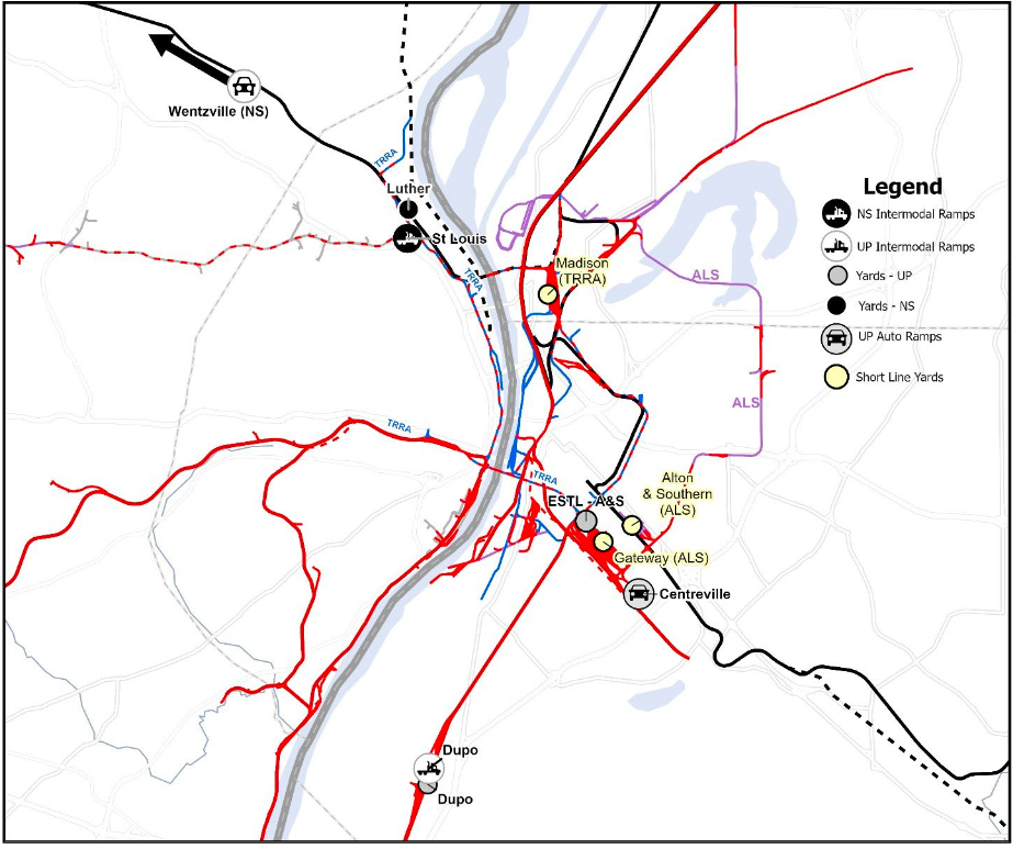 Map of Union Pacific and Norfolk Southern yards, intermodal terminals, and automotive facilities in St. Louis