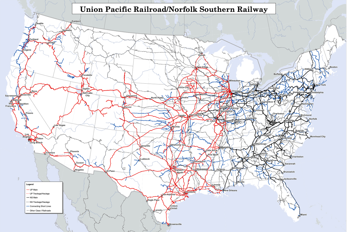 Map of United States showing combined UP-NS system