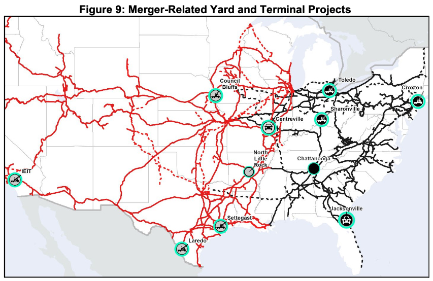 U.S. map showing location of selected Union Pacifc, Norfolk Southern yards and terminals