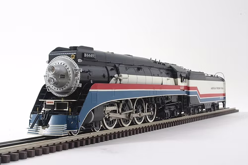 red, white, and blue steam locomotive