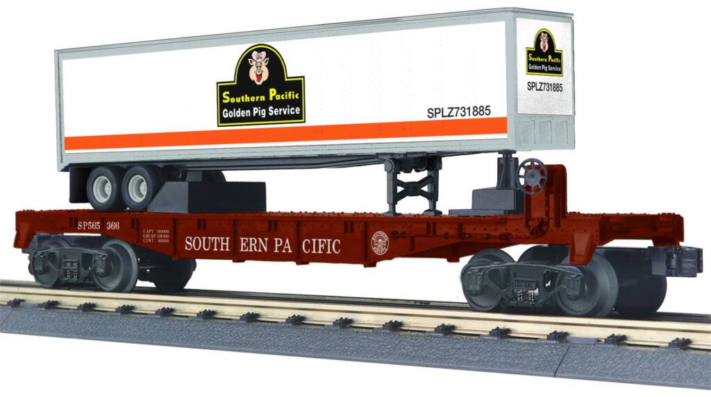 white and maroon model flatcar with trailer on top