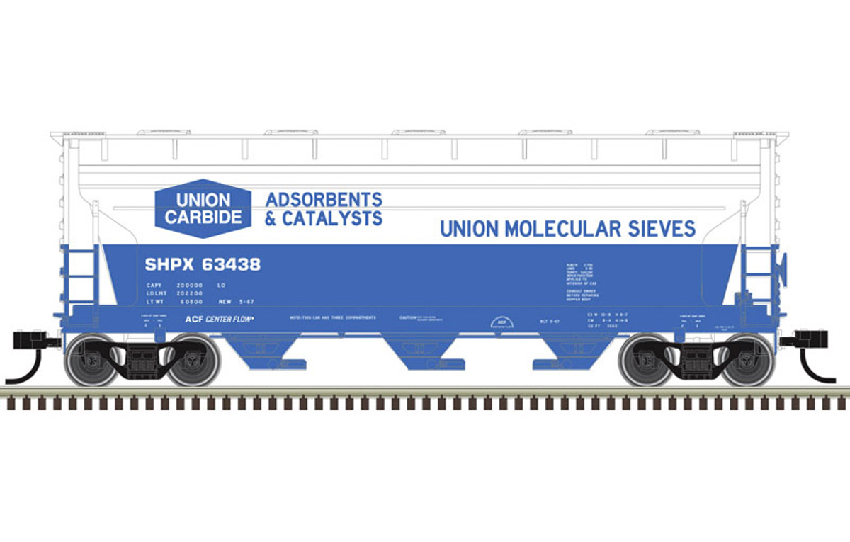 A white and blue model hopper car