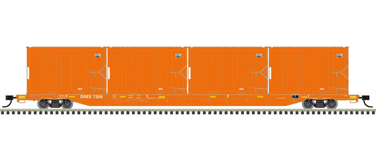 An orange model flatcar