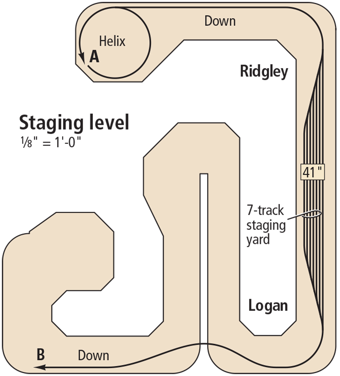 A track plan for the staging level of the Baltimore & Ohio Ridgely division layout