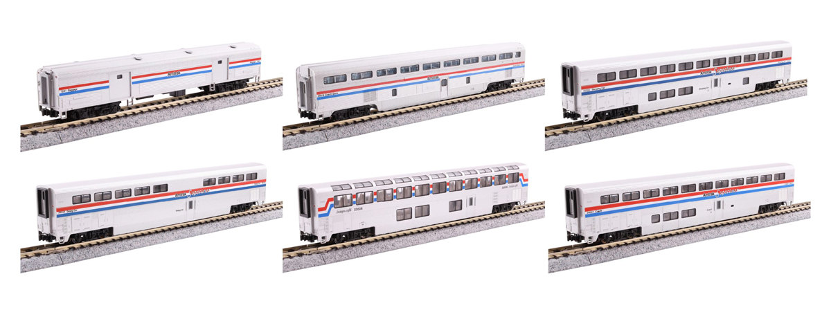 A set of six white model passenger cars with red and blue stripes