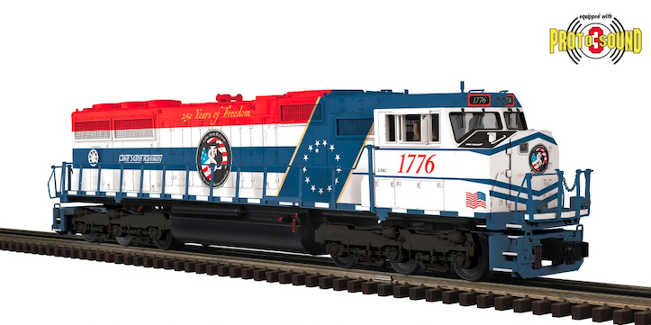 red, white and blue model locomotive