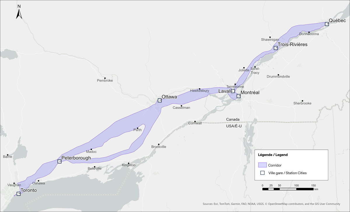 Map of area between Toronto and Quebec City