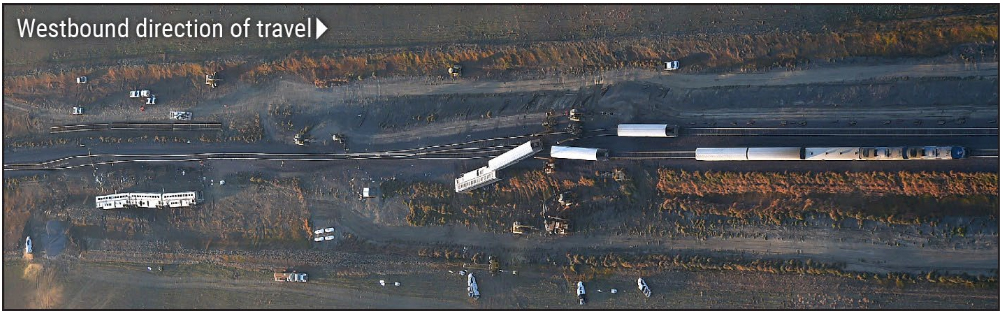 Aerial view of derailed passenger train