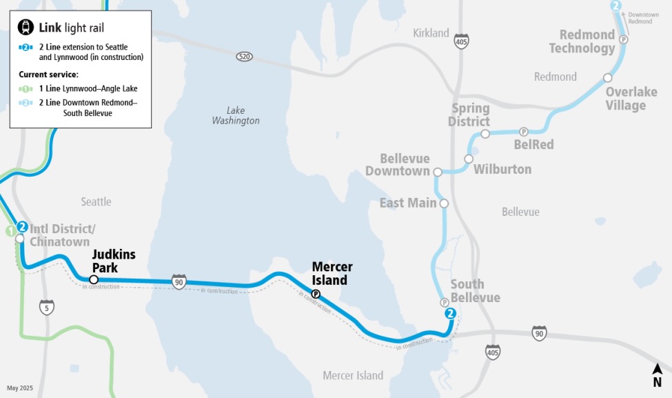 Map of light rail line between Seattle and Bellevue, Wash.