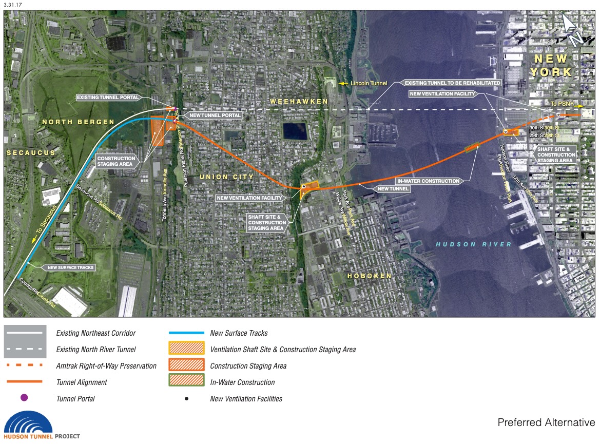 Map showing route and details of Gateway Hudson Tunnel Project