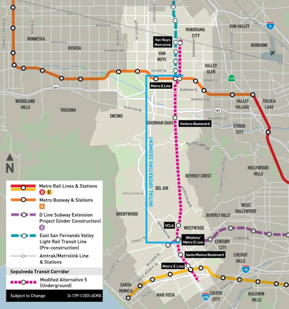Map showing rail transit in West Los Angeles and the San Fernando Valley