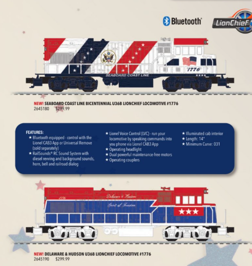two red, white, and blue diesel locomotives