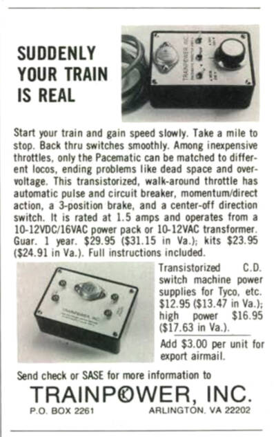 Small, vintage black and white magazine ad, showing black text in assorted sizes and two photos of rectangular electronics boxes with various buttons, switches and a dial on them. 