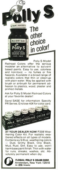 Single column vintage magazine ad with black text showing a photo of a small black and white paint jar, as well as a boxed set of 6 paint jars, and an illustration of a parrot all printed on white paper. 