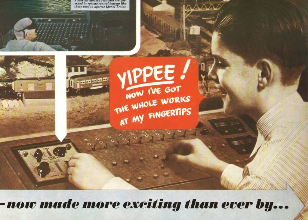 vintage ad with boy at train control panel