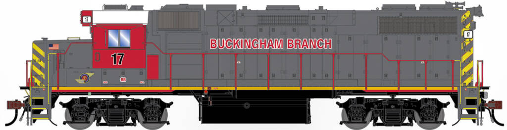Color illustration of HO scale EMD hood unit painted gray, red, black, and white with red, white, and yellow graphics on white background.